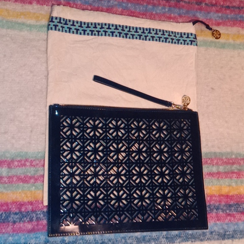 Tory Burch laser cut navy patent leather large wristlet
